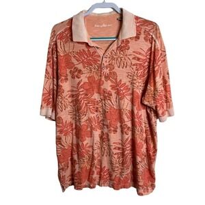 Tommy Bahama Polo Shirt Men's XL Pima Cotton Floral Hawaiian Print‎ Peach